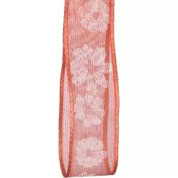 25mm Peach Floral Sheer Ribbon with wired edge
