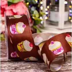 40m Chocolate Wired Edged Taffeta Ribbon With Cupcake Design