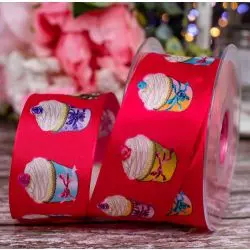 40mm wired edged taffeta ribbon with cupcake design