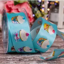 40mm Wired Edged Turquoise Taffeta Ribbon With Cupcake Design