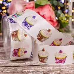 40mm White Wired Edged Taffeta Ribbon With Cupcake Design