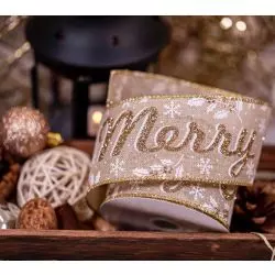 Natural & Gold Merry Christmas Ribbon 63mm x 10yrds