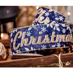 Navy Merry Christmas Ribbon 63mm x 10yrds