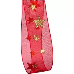 25mm red sheer ribbon with gold glitter star design