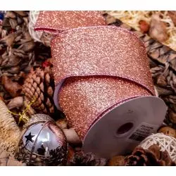 63mm x10yrds Rose Gold Glitter Ribbon With Wired Edge