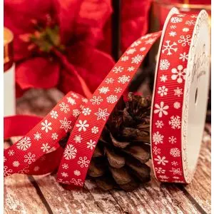 16mm x 3m red grosgrain ribbon with white snowflake print, article BTB053s