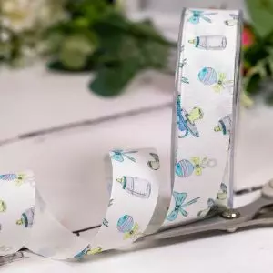 25mm x 20m white taffeta ribbon with baby themed print