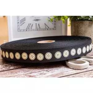 25mm x 100m Black grosgrain Ribbon With Cream Button Design