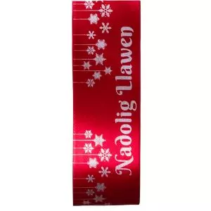 38mm double satin in red with silver print featuring nadolaig Llawen