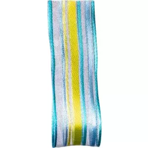 wired edged blue and yellow self striped satin and sheer ribbon in 25mm width
