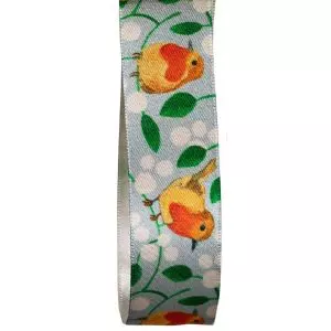 25mm Christmas Robbin Ribbon On Blue Background