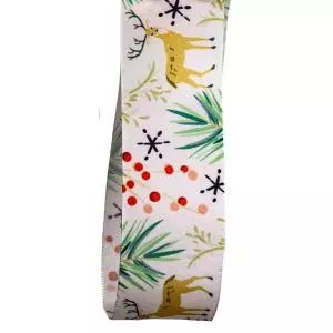 40mm White Taffeta Ribbon With Christmas Stag Design