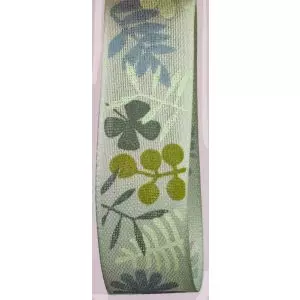 Leaf Print Ribbon 25mm x 18m Col Blue/Green