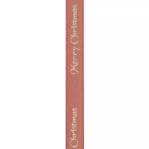 10mm Double Satin in Rose Gold With Gold Merry Christmas Print By Berisfords Ribbons