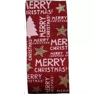 Merry Christmas Ribbon Cranberry Hessian Style 38mm x 10m