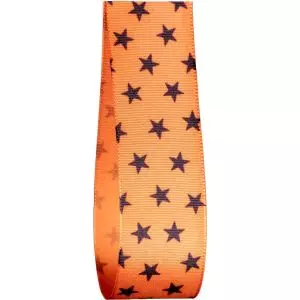 Black star print on orange taffeta ribbon 25mm
