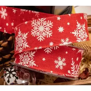 white snowflake design on red burlap ribbon