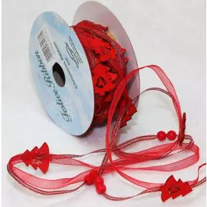Metallic Red Christmas Tree Beaded Charm Ribbon. Art 644762