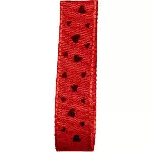 red 15mm wide taffeta ribbon with red heart print