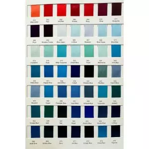 Shade card showing the colours available in the double satin ribbons
