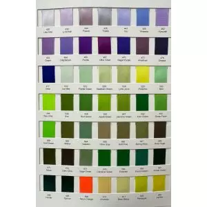 Shade card showing the colours available in the double satin ribbons