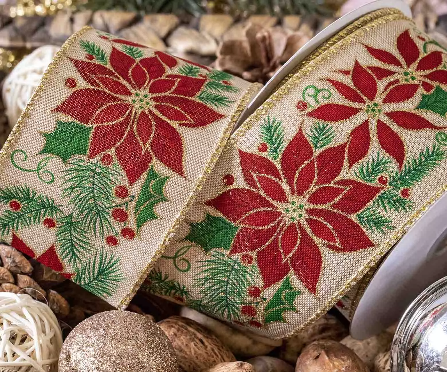 Red Poinsettia Design Christmas Ribbon
