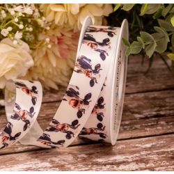 25mm White Satin Ribbon With Cow Themed print