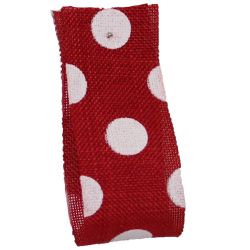 Faux Burlap Ribbon In Red With White Polka Dot Design - 25mm x 20m