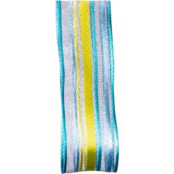 wired edged blue and yellow self striped satin and sheer ribbon in 25mm width