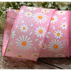 63mm wide wired edged pink daisy themed ribbon