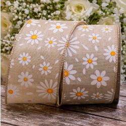 63mm wide Natural coloured daisy print ribbon with wired edge