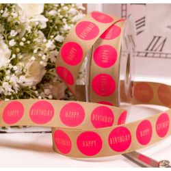 25mm Flow Pink & Natural Happy Birthday Ribbon By Berisfords