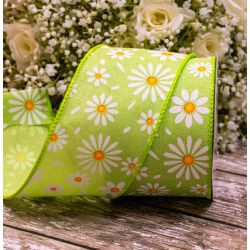 63mm wide wired edged green daisy themed ribbon