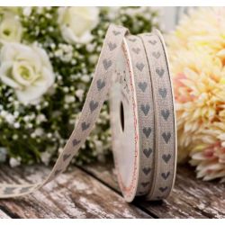 11mm woven linen ribbon with grey heart design