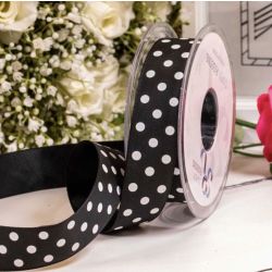 25mm black light weight taffeta ribbon with with white polka dot design