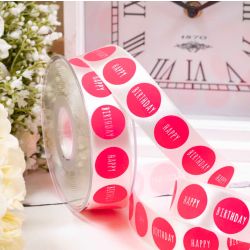 Big Dot Birthday Ribbon By Berisfords - 25mm white satin ribbon with large neon pink spots featuring the words happy birthday