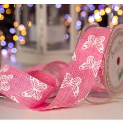 38mm Pink Butterfly Faux Linen ribbon