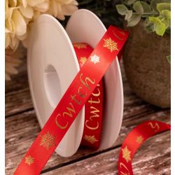 15mm red satin ribbon with gold cwtch ribbon