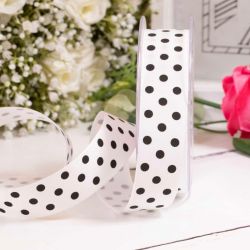 25mm white light weight taffeta ribbon with black polka dots