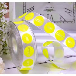 25mm white satin ribbon by Berisfords with large flo yellow dots, featuring the words Happy Birthday in them