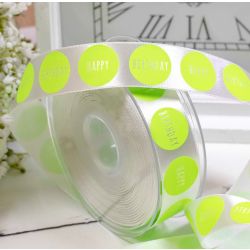 25mm white satin ribbon with large flo green spots with the words happy birthday in them