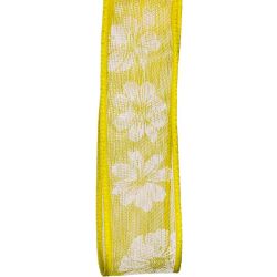 25mm x 20m Yellow Floral Print Sheer Ribbon - Wired