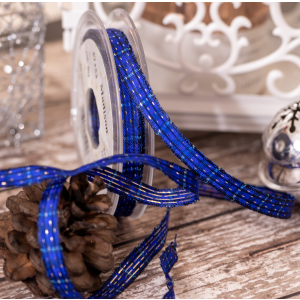 Blue check style ribbon with gold lurex dashes - 10mm x 20m