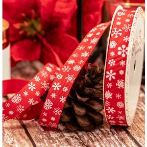 16mm x 3m red grosgrain ribbon with white snowflake print, article BTB053s