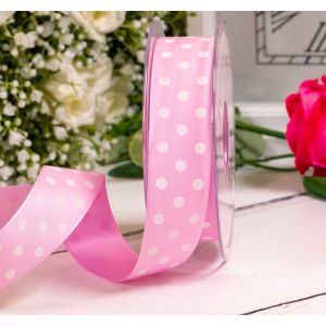 25mm sale pink taffeta ribbon with white polka dots