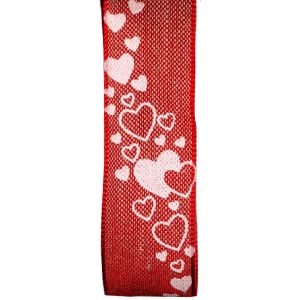 25mm Red Linen Ribbon With White Love Heart Design