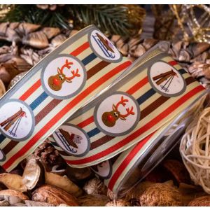 Christmas Ribbon 40mm Old Gold, Red, Brown Stripes