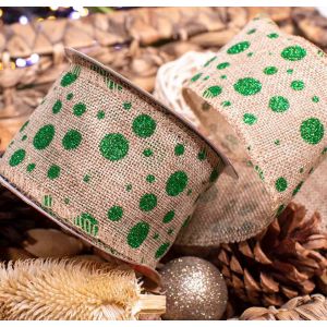 63mm Wide Hessian with green glitter spots