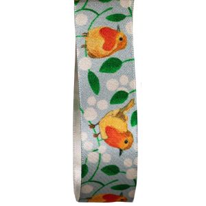 25mm Christmas Robbin Ribbon On Blue Background