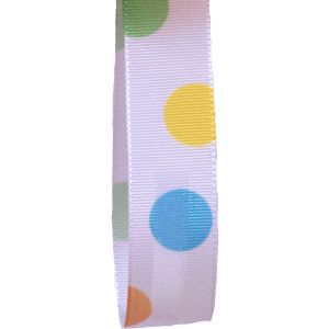 15mm Easter Ribbon In White With Multi Coloured Spots